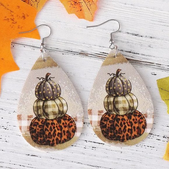 Earrings Fall Pumpkin Dangle Style Tear Drop Autum pu leather Stylish Country - Picture 2 of 3
